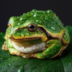 Obraz premium Close-Up of Wet Green Frog Sitting on Leaf with Water Droplets