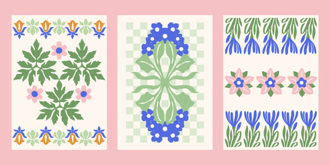 Art Nouveau style vector posters set. Vintage print designs with flowers, abstract florals compositions, checkered background