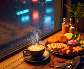 Comforting Coffee And Delicious Snacks on a Rainy Day