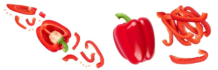 red sweet bell pepper with slices isolated on white background. Top view. Flat lay