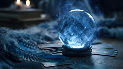 Enigmatic Crystal Ball Radiating a Hypnotic Blue Glow, Surrounded by Mystical Tarot Cards and Feathers, Evoking Visions of Destiny and Prophecy