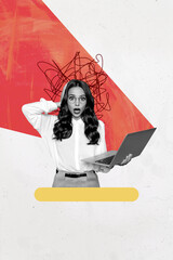 Banner pop collage of person use netbook stand with messy lines on grey color background