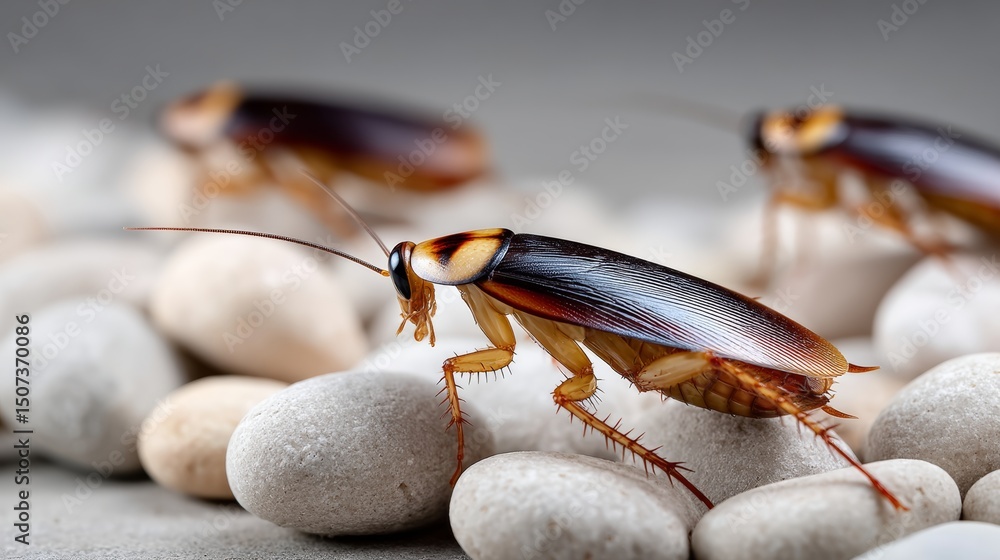 Poster three cockroaches are on a pile of rocks. the cockroach on the left is the largest and is the most v