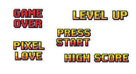 Retro Pixel Art Game Over, Level Up, Press Start, Pixel Love, High Score Text Graphics