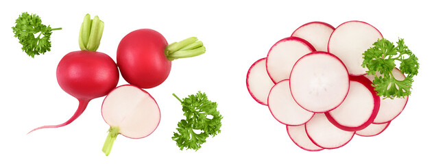 Radish with half isolated on white background. Top view. Flat lay
