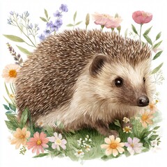 Whimsical Hedgehog in Grass, Watercolor Pastel Illustration, Kawaii Style, High-Quality HD Artwork