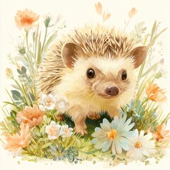 Kawaii Hedgehog with Flowers, Watercolor Illustration, Pastel Tones, High-Resolution, Detailed Vector Art