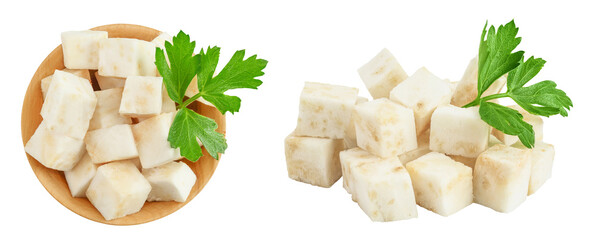 Fresh celery root with leaf in wooden bowl isolated on white background. Top view. Flat lay.