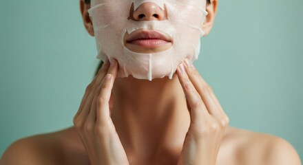 Close-up shot of a woman applying a sheet mask, promoting a skincare and self-care routine.