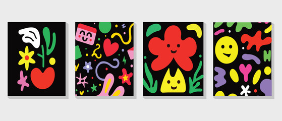 Kids and children cover design vector. Fun Childish hand drawn doodle design background. Playful poster design for packaging, wallpaper and print.