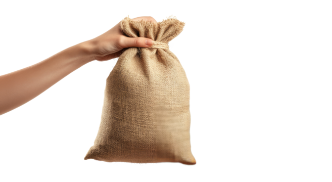 Hand holding bag sackcloth isolated on transparent background