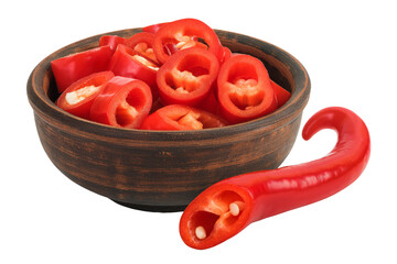 red hot chili pepper slices in wooden bowl isolated on white background