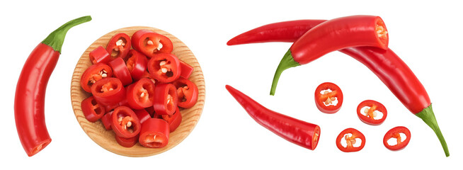 red hot chili pepper slices in wooden bowl isolated on white background. Top view. Flat lay.