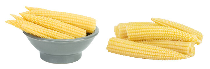 Pickled young baby corn cobs in wooden bowl isolated on white background