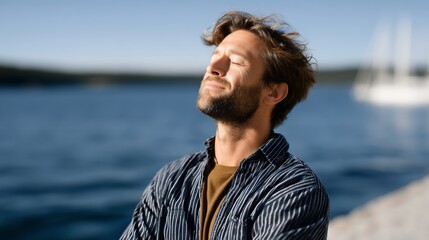 Man is sitting on a dock by the water, looking out at the ocean. He is wearing a blue shirt and he is enjoying the view