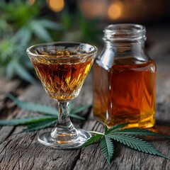 Illustration, cannabis leaves on table, martini glass, liquid with cannabis oil, cannabis leaves on martini glass.