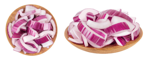 Red onion slices in wooden bowl isolated on a white background. Top view. Flat lay