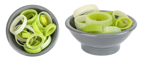 sliced Leek vegetable in ceramic bowl isolated on white background. Top view. Flat lay