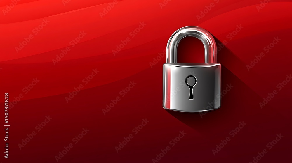 Poster detailed vector of a glossy silver lock icon on a smooth red background with shadows