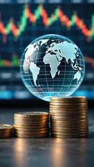 Global Finance and Investment World Globe Gold Coins and Stock Market Chart