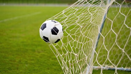 Soccer Ball Hits the Net in a Goal on a Green Field