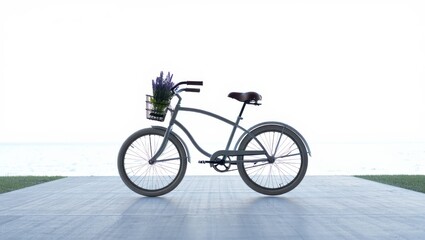 Fototapeta premium Vintage Bicycle with Lavender Basket on Coastal Path Serene and Peaceful Scene