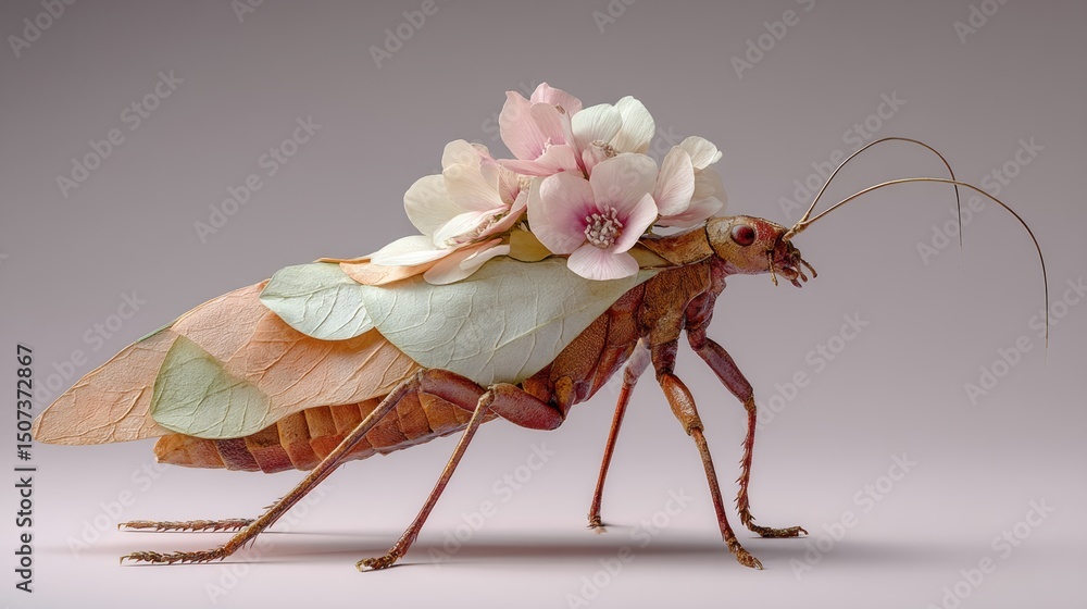 Poster bug with a flower on its back. the flower is pink and the bug is brown. the bug is standing on a whi