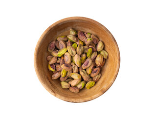 Fried salt pistachio nuts isolated. Baked pistachios pile, roasted green pistache fruits on white