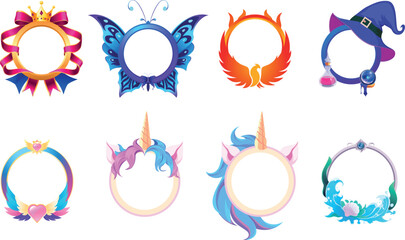Round avatar frame, princess, witch hat, butterfly, phoenix, unicorn. Vector illustration set.