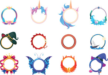 Round avatar frame, Chinese dragon, princess, witch hat, butterfly, phoenix, unicorn. Vector illustration set.