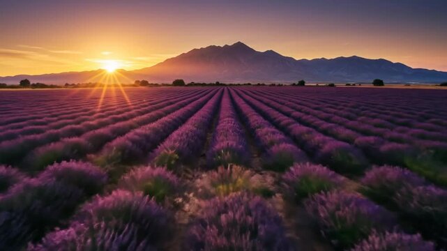 Sunset over Lavender Field with Mountain Background Landscape Scenery