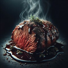 Obraz premium A perfectly cooked, steaming piece of meat, richly garnished with herbs and a delectable sauce.