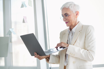 Successful senior businesswoman working with a laptop in a bright modern office space, showcasing...