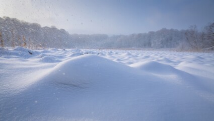 Snowy Winter Landscape with Drifting Snow and Trees in the Background