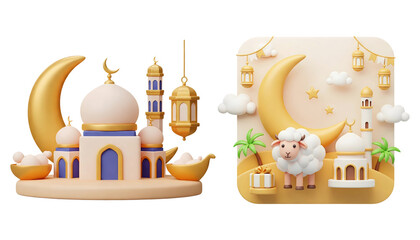 3D cartoon Islamic icon set with mosque and Eid al-Adha desgin with crescent moon and sheep isolated on transparent background, PNG file add