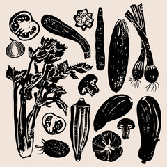 Different vegetables linocut vector illustration with grunge texture. Monochrome linear woodcut illustration. Harvest, autumn isolated graphic elements. Vector set