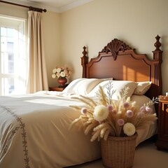 Cozy bedroom with beige linens, wooden headboard, and dried flowers