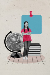 Sketch design trend artwork poster 3D collage of young girl stand smile pile book globe earth...