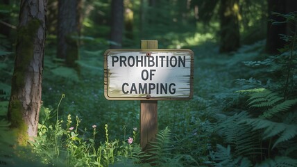 Prohibition of camping sign in a forest setting with ferns and small flowers near