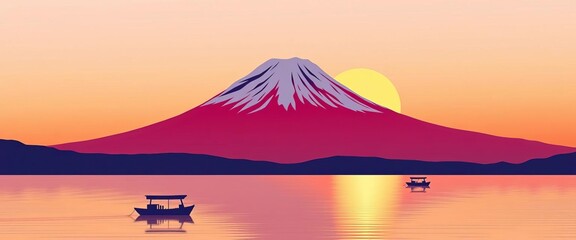 Minimalist abstract vector art of Mount Fuji sunrise over lake, featuring boats  Oriental color palette,  calm,  mountain