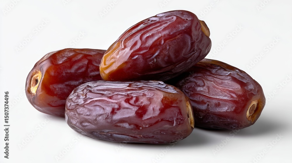 Poster four dried up dates are piled on top of each other. the dates are brown and wrinkled