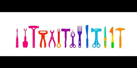 Nine vibrant flat vector tool silhouettes in a horizontal row on white background,  DIY,  saw