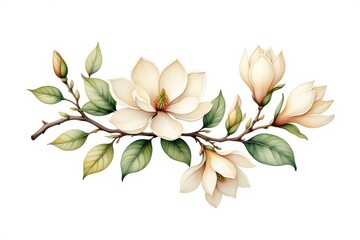 Elegant Magnolia Branch Illustration with Creamy White Flowers Green Leaves and Delicate Watercolor Texture on White Background