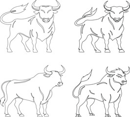 Outline vector bulls in various standing and charging postures