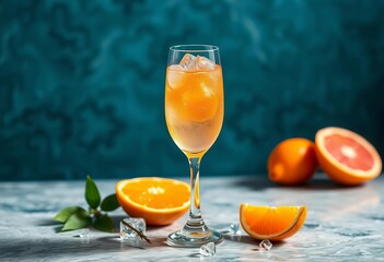 Orange, prosecco, and soda cocktail in a wine glass with ice and orange slice,  citrus,  ice