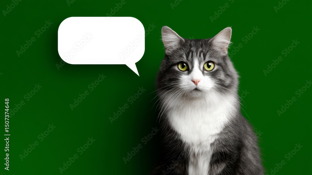 Poster cat is staring at the camera with a speech bubble above it. the bubble is empty, but the cat's gaze 
