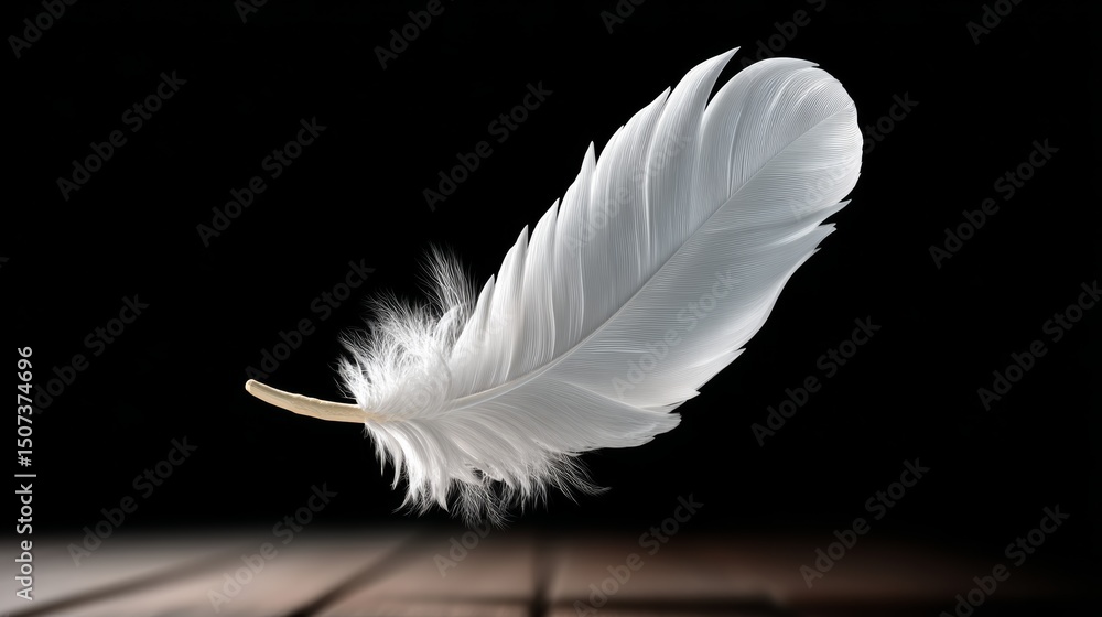 Poster white feather is floating in the air. the feather is light and delicate, and it seems to be floating