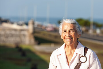 Active senior concept. Senior travel concept. Senior lifestyle. Senior woman tourist in Cartagena de Indias.