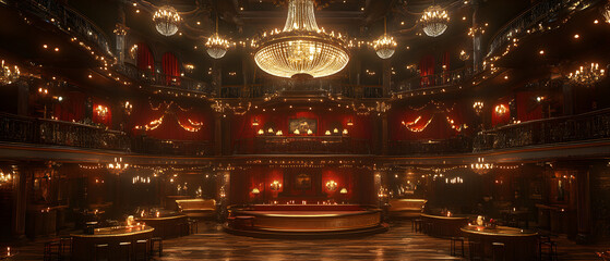Plakat Opulent Halloween Masquerade Ball in a Grand Western Saloon Interior with Ornate Decor Chandeliers and Festive Atmosphere Capturing the Essence of a Historic