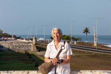 Active senior concept. Senior travel concept. Senior lifestyle. Senior woman tourist in Cartagena de Indias.